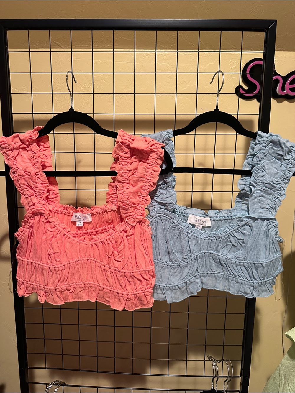 Peach Love California Ruffled Smocked Crop Top - Coral & Light Blue